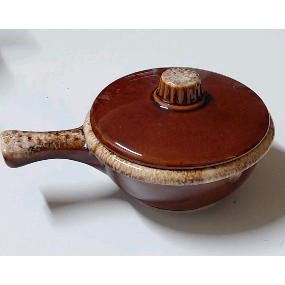 Vintage Hull Pottery Brown Drip Single-Handle French Onion Soup Bowl with Lid